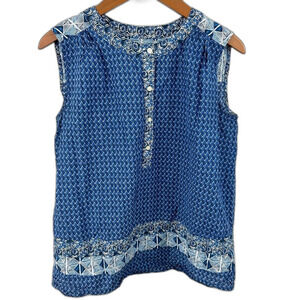 GAP Blue White Printed Sleeveless Femme Popover Blouse Size Medium